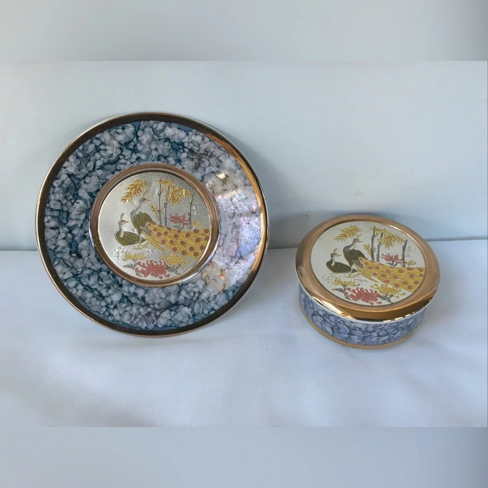 Vintage Art Of Chokin Colorful Japanese Peacocks Trinket Box /Plate
